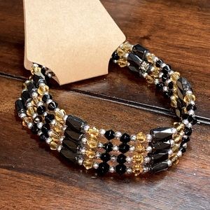 Vintage Long Orange & Gray Hematite Cloisonné Rope Metallic Beaded Wrap Necklace